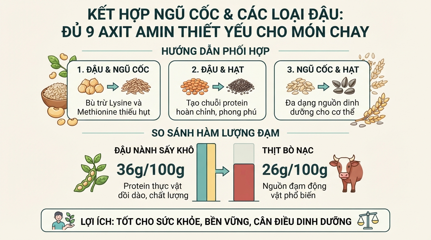 Phối hợp ngũ cốc và các loại đậu giúp thực đơn món chay đủ 9 axit amin thiết yếu.