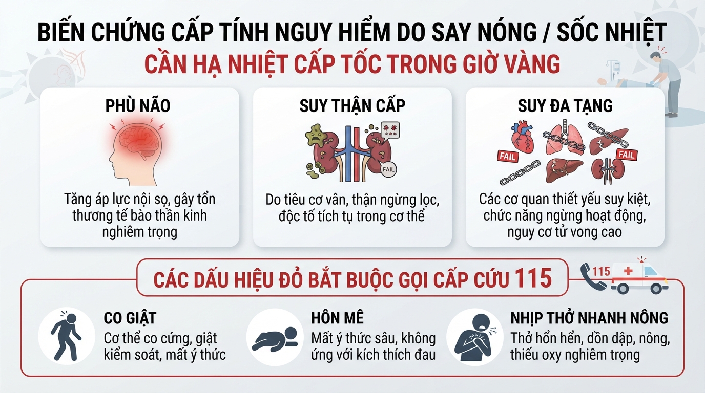 Phù não và suy đa tạng là những biến chứng tử vong nếu không được hạ nhiệt trong giờ vàng.