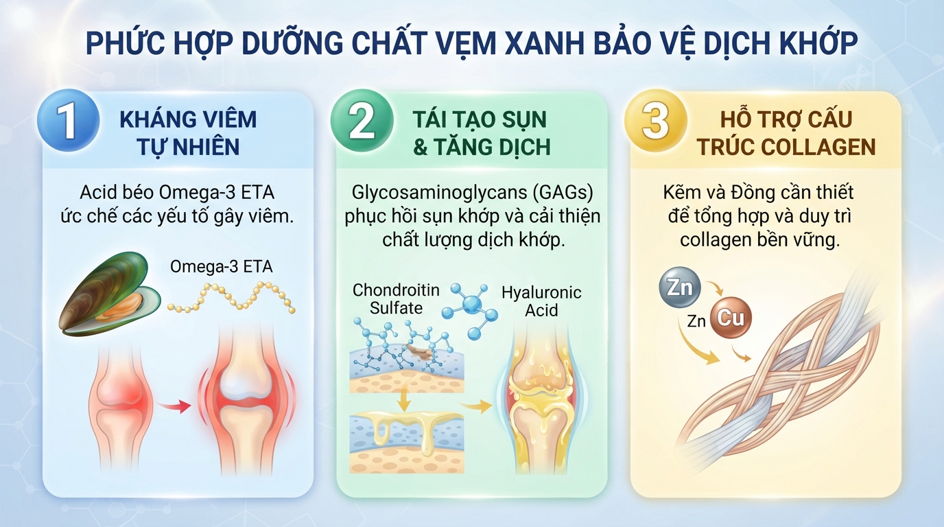 Phức hợp Omega-3 quý hiếm và Glycosaminoglycans tạo nên hoạt tính sinh học bảo vệ dịch khớp.