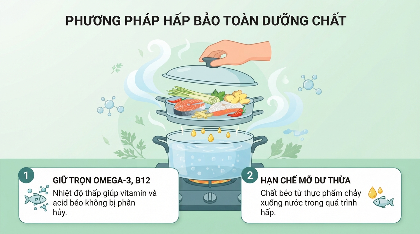 Phương pháp hấp bảo toàn dưỡng chất nhạy cảm nhiệt và hỗ trợ giảm chất béo.