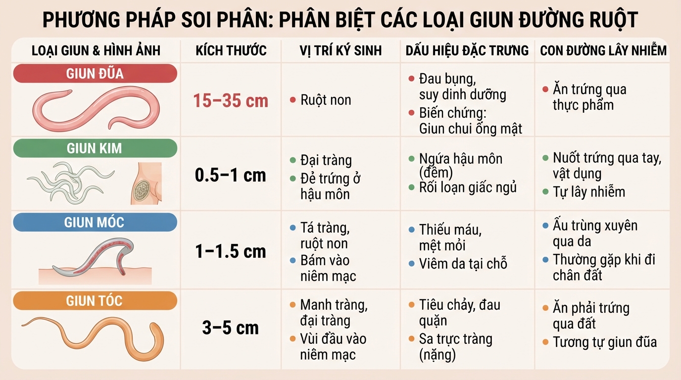 Phương pháp soi phân tại cơ sở y tế giúp phân biệt chính xác loại giun.