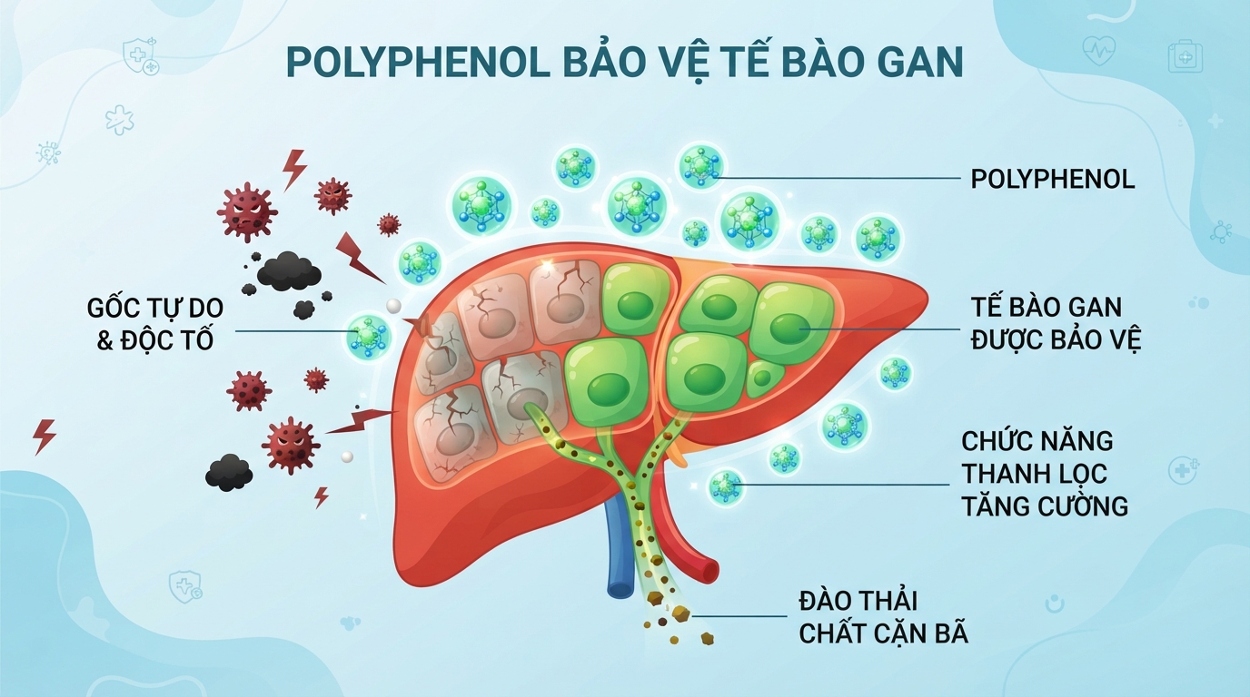 Polyphenol hỗ trợ bảo vệ tế bào gan khỏi các tác nhân gây hại.