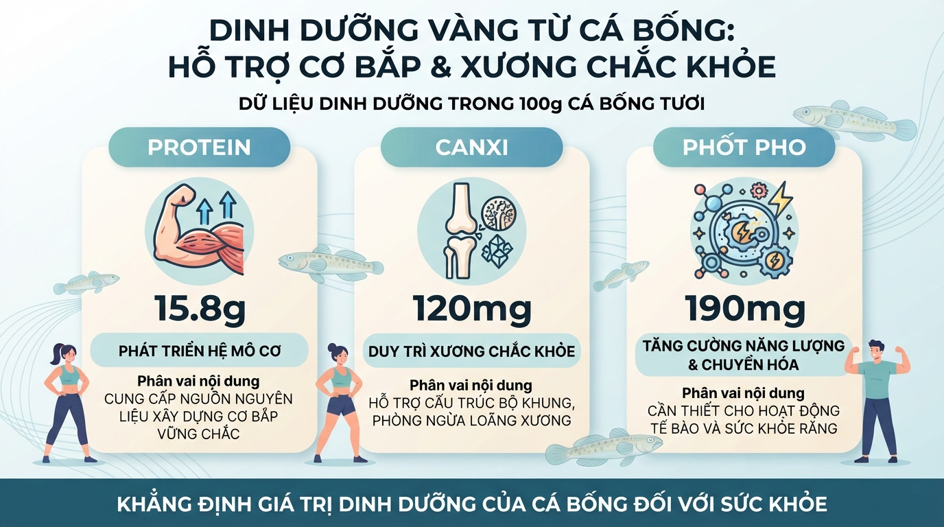 Protein và canxi trong cá bống hỗ trợ đắc lực cho quá trình phát triển hệ mô cơ.