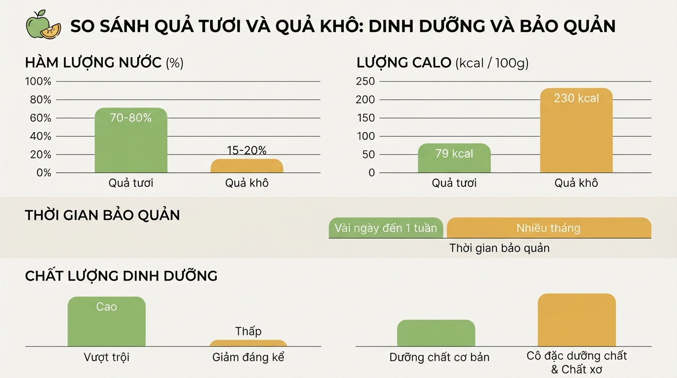 Quả khô cô đặc hàm lượng calo cao gấp ba lần so với dạng tươi mọng nước.