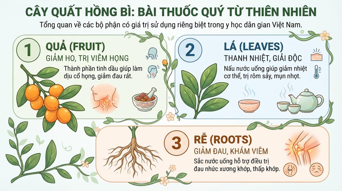 Quả, lá và rễ của quất hồng bì đều chứa các thành phần dược tính quý giá.