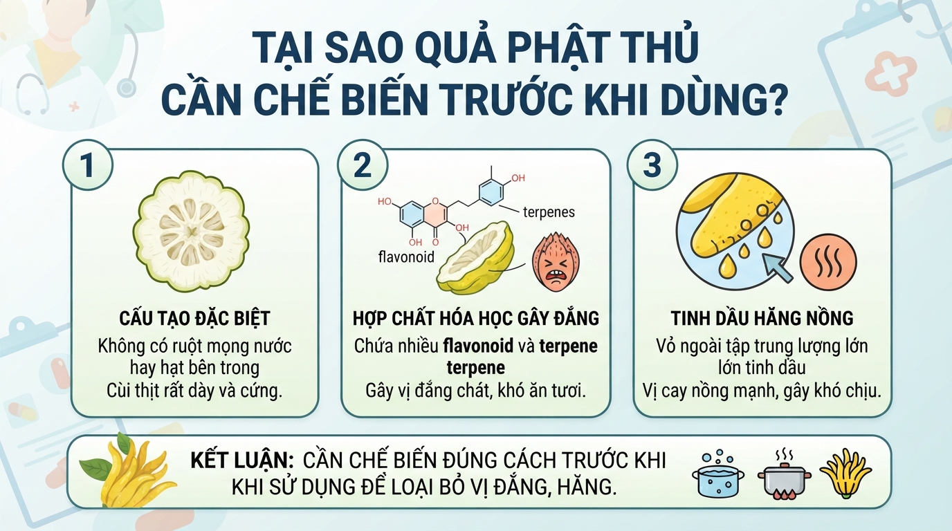 Quả phật thủ chứa flavonoid và terpene gây vị đắng, cần chế biến trước khi dùng.
