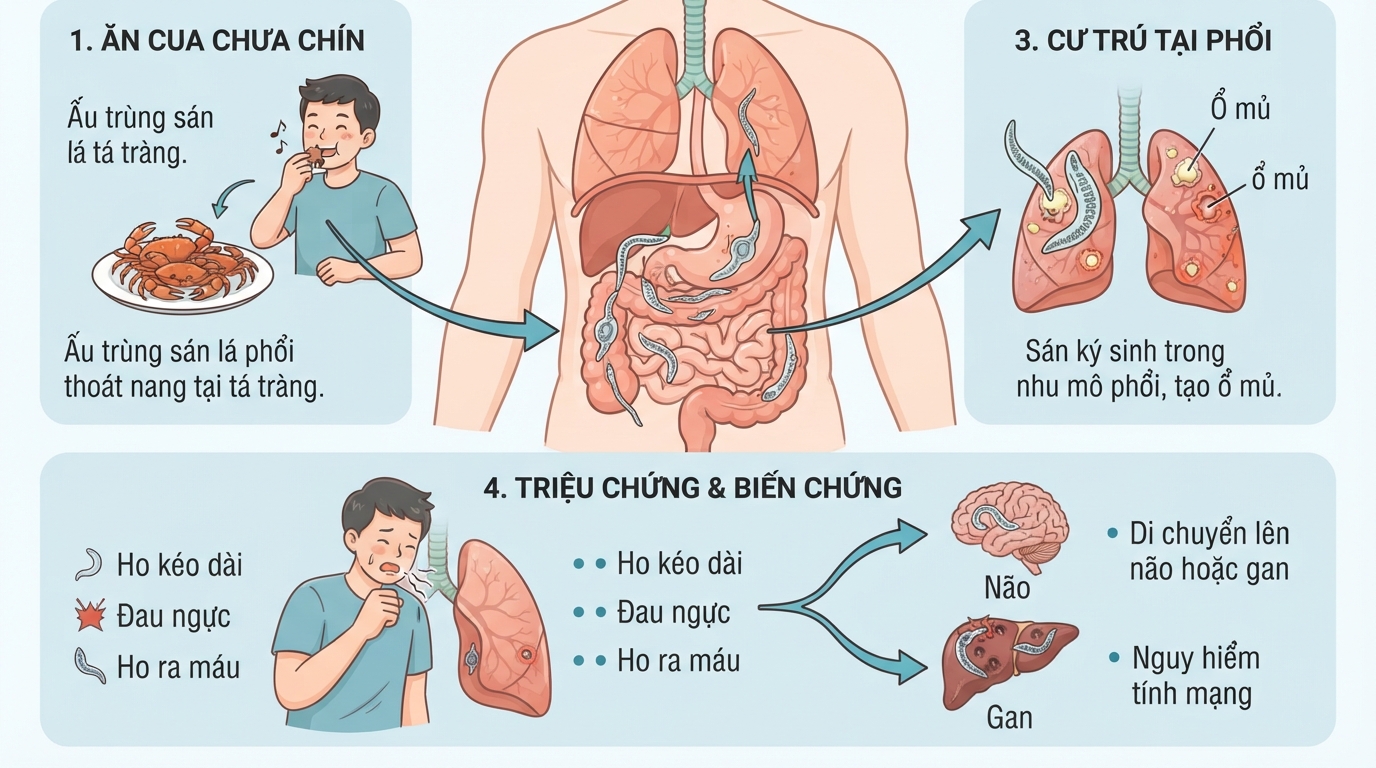 Quá trình ấu trùng sán xâm nhập từ tá tràng lên làm tổ ở phổi.