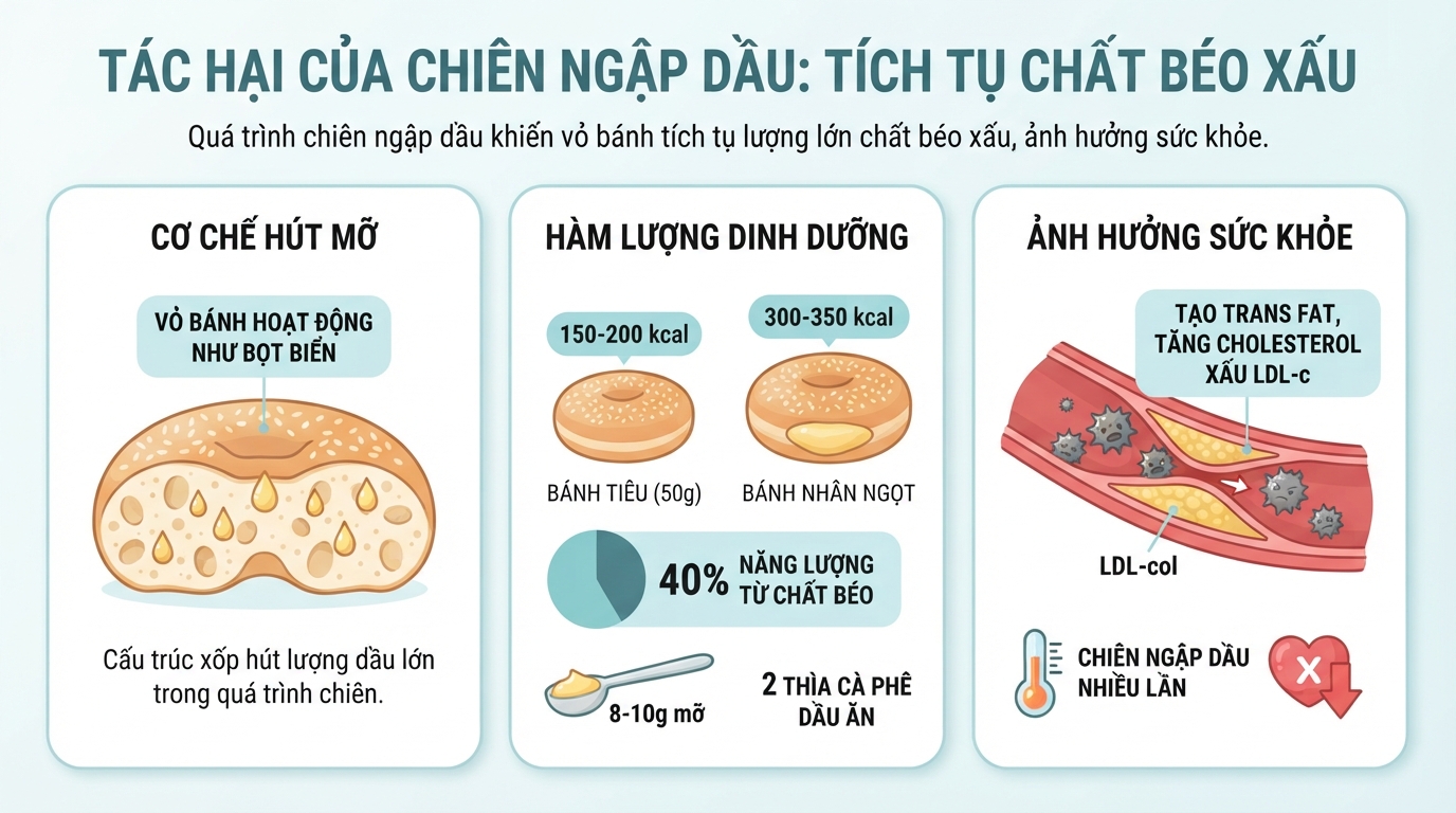 Quá trình chiên ngập dầu khiến vỏ bánh tích tụ lượng lớn chất béo xấu.
