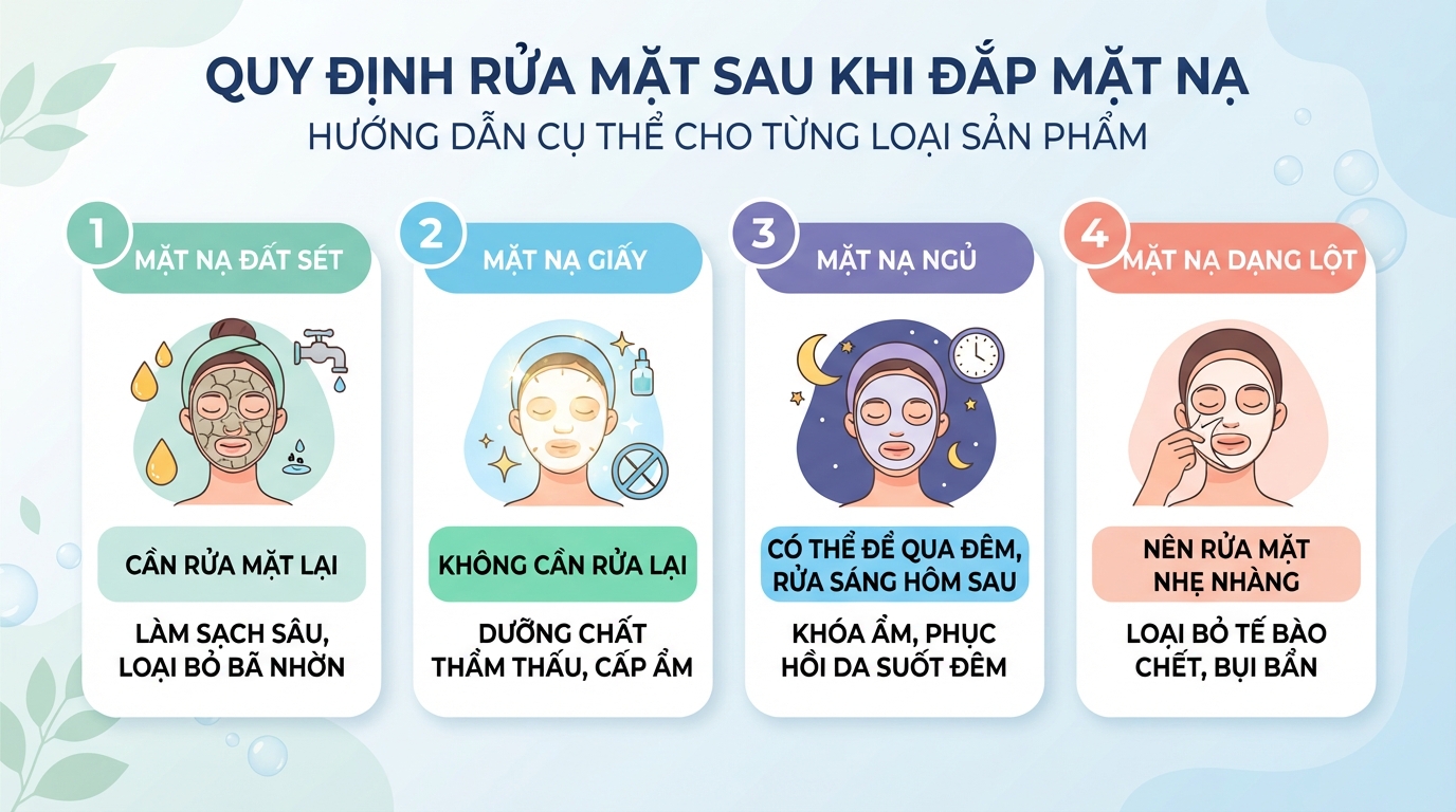 Quy định đắp mặt nạ xong có cần rửa mặt không đối với từng dòng sản phẩm.