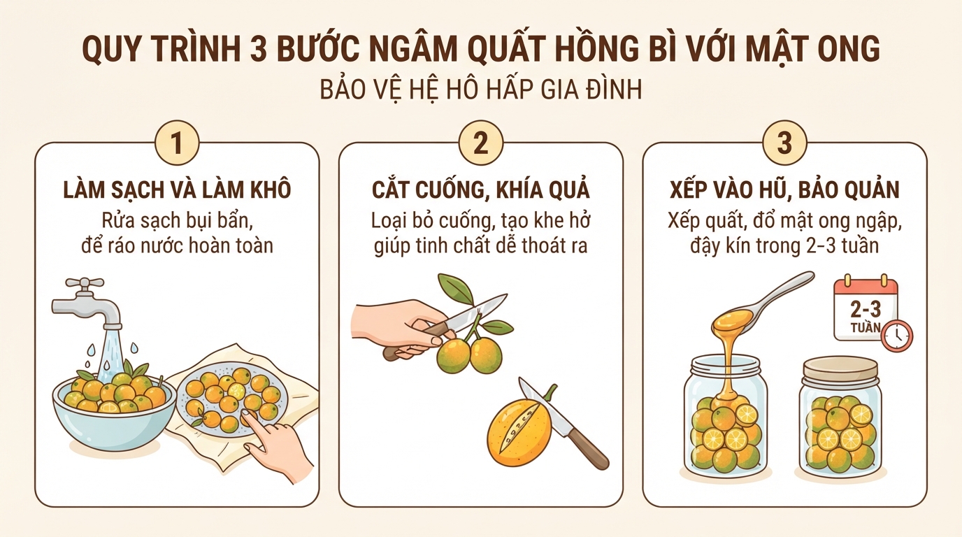 Quy trình 3 bước ngâm quất hồng bì với mật ong giúp bảo vệ hô hấp gia đình.