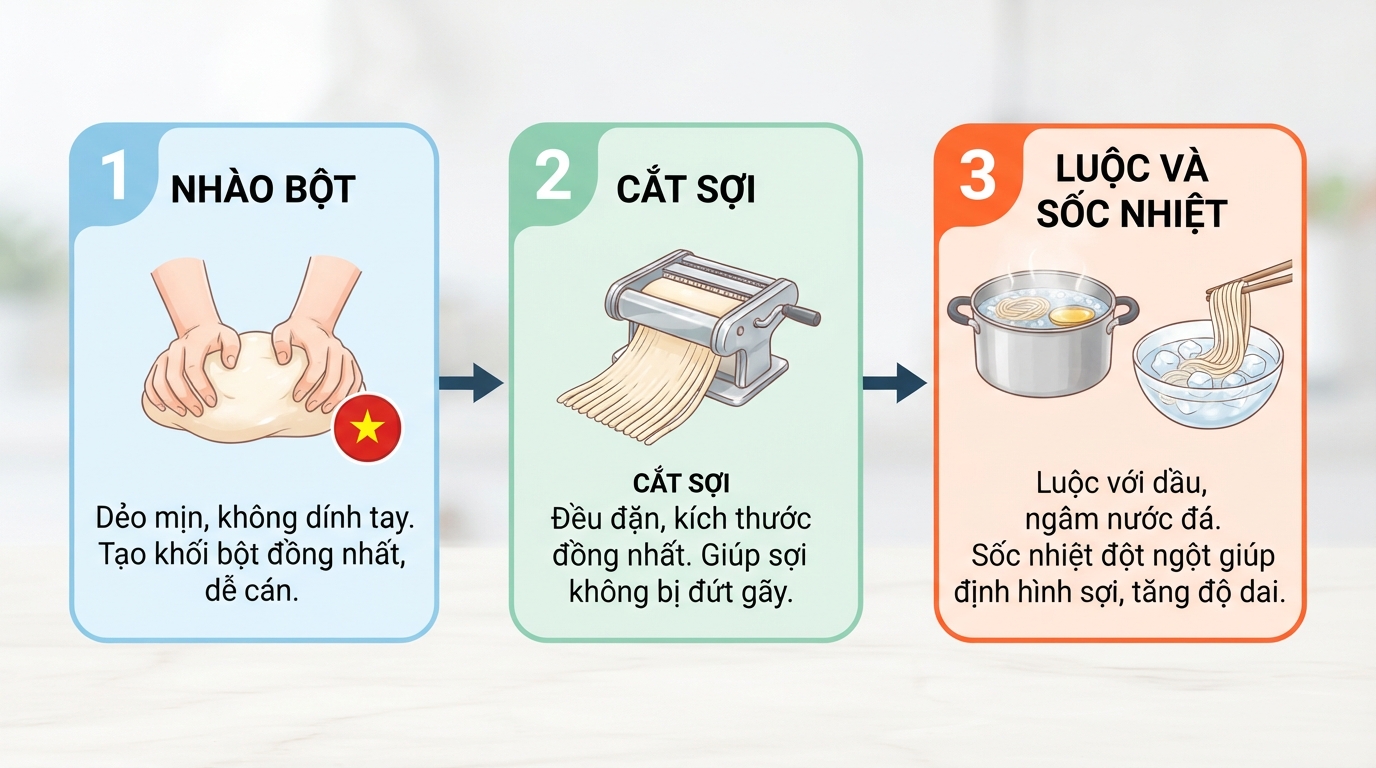 Quy trình 3 bước nhào, cắt và luộc để sợi bánh canh luôn tơi và dai.