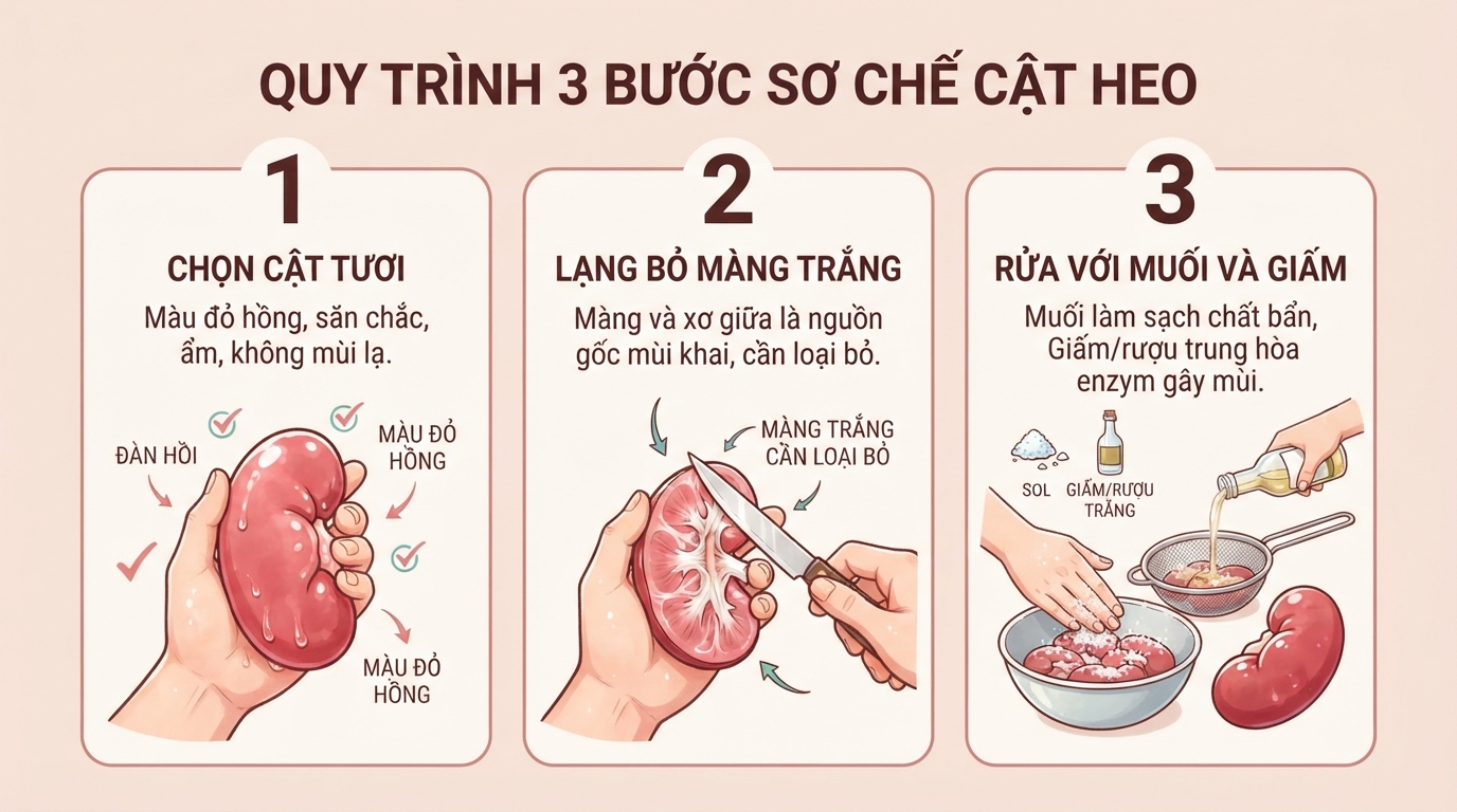 Quy trình 3 bước sơ chế cật heo giúp loại bỏ hoàn toàn mùi khai và đảm bảo vệ sinh.