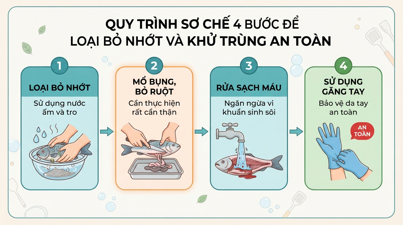 Quy trình 4 bước sơ chế loại bỏ nhớt và khử trùng an toàn.