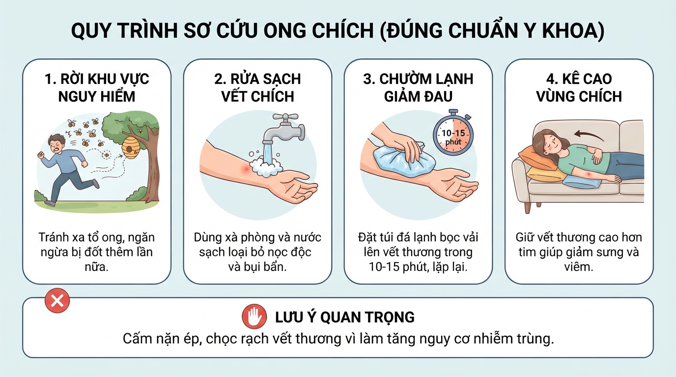 Quy trình 4 bước sơ cứu đúng chuẩn y khoa khi bị ong chích.