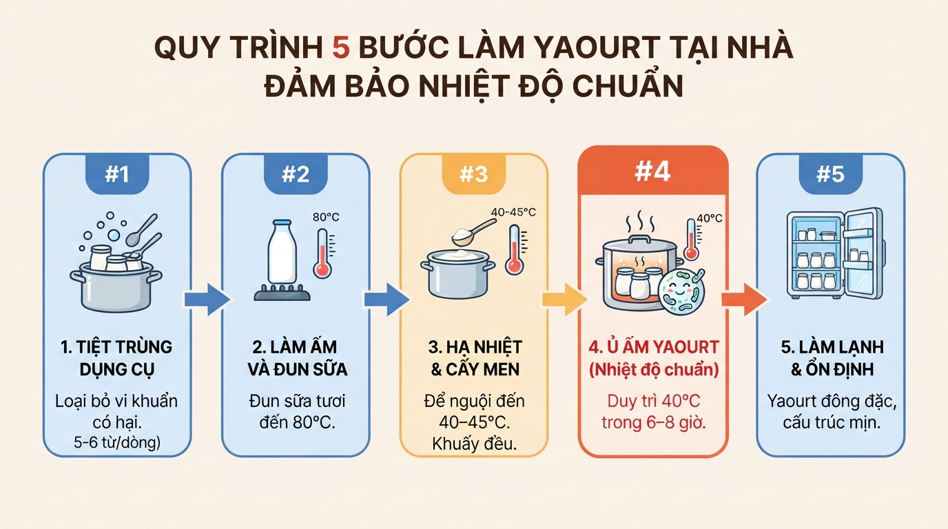 Quy trình 5 bước làm tại nhà đảm bảo nhiệt độ chuẩn cho lợi khuẩn phát triển.