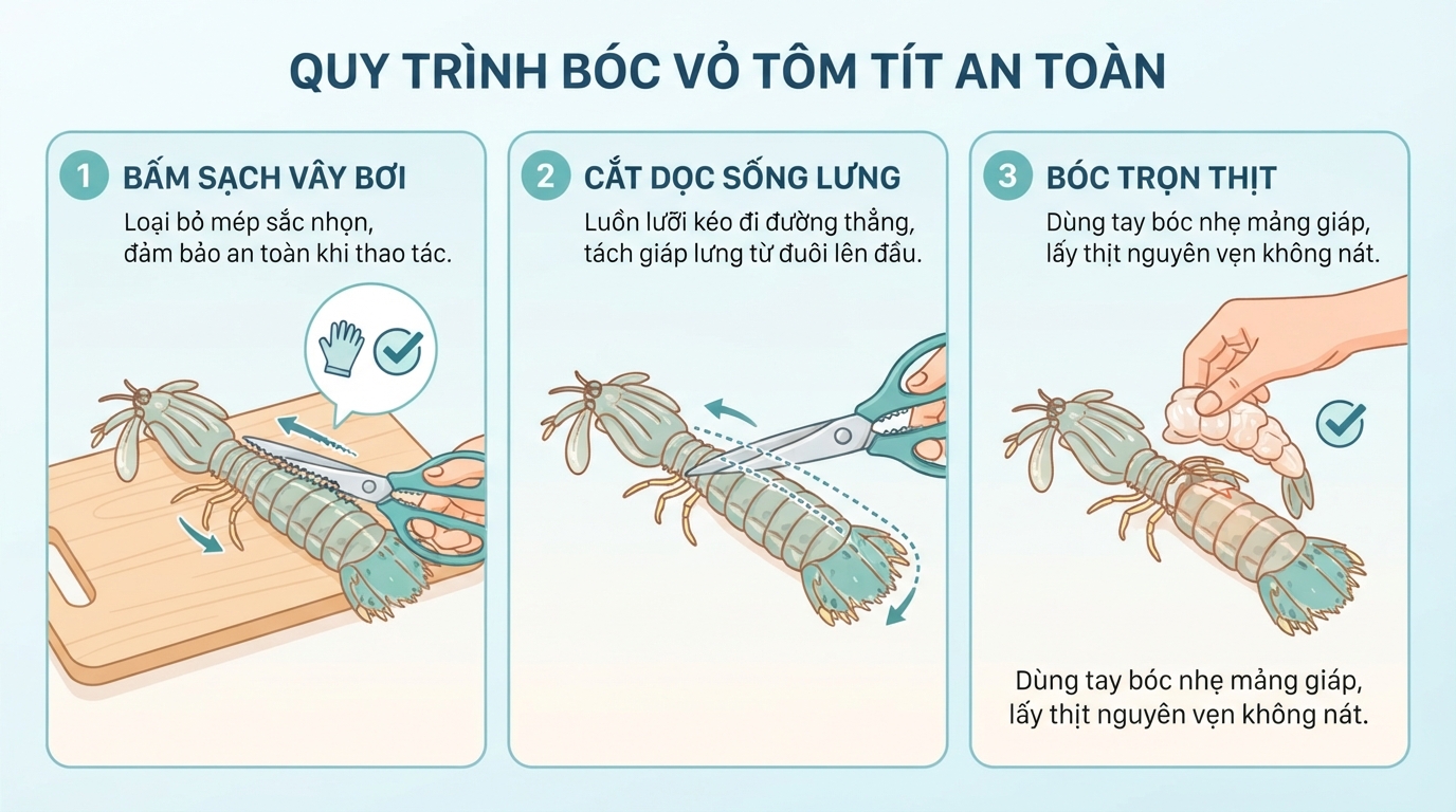 Quy trình ba bước dùng kéo bóc sạch vỏ an toàn không dập nát.