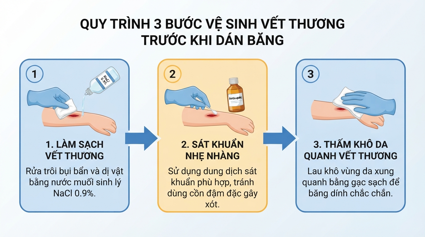 Quy trình ba bước làm sạch và vô trùng vết thương chuẩn y tế trước khi dán.