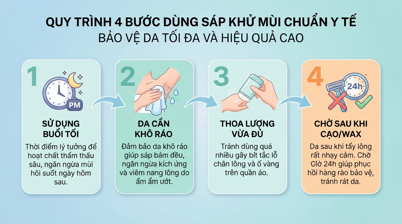 Quy trình bốn bước dùng sáp khử mùi chuẩn y tế giúp bảo vệ da tối đa.