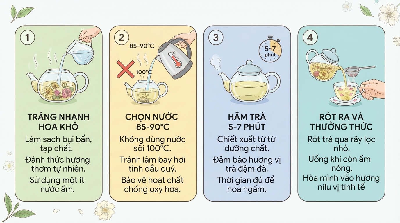 Quy trình hãm nước hoa cúc đúng nhiệt độ giúp bảo toàn hoạt chất quý.