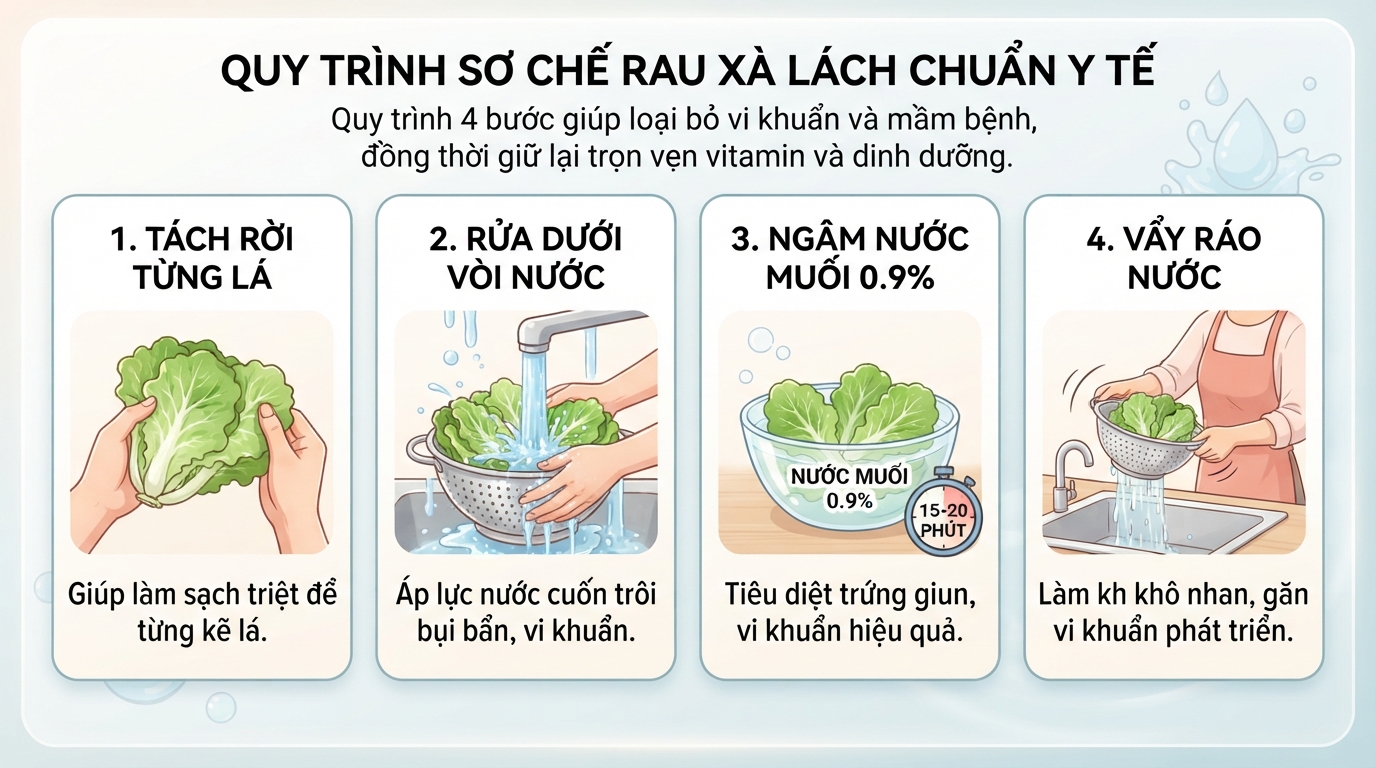 Quy trình bốn bước sơ chế làm sạch vi khuẩn và mầm bệnh trên lá rau.