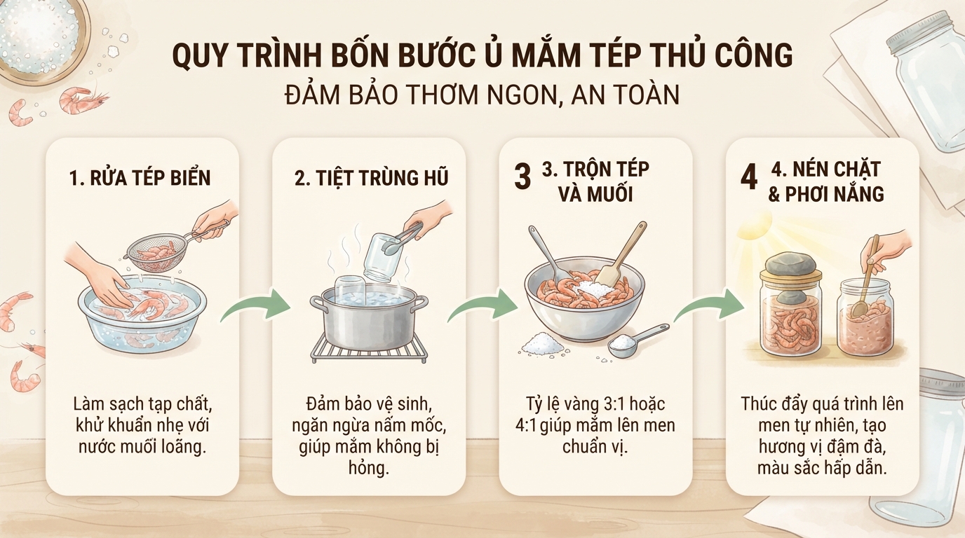 Quy trình bốn bước ủ thủ công chuẩn giúp thành phẩm thơm ngon, không lo ươn hỏng.