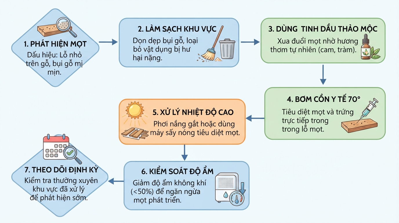 Quy trình các bước xử lý mọt an toàn bằng biện pháp cơ học và sinh học.