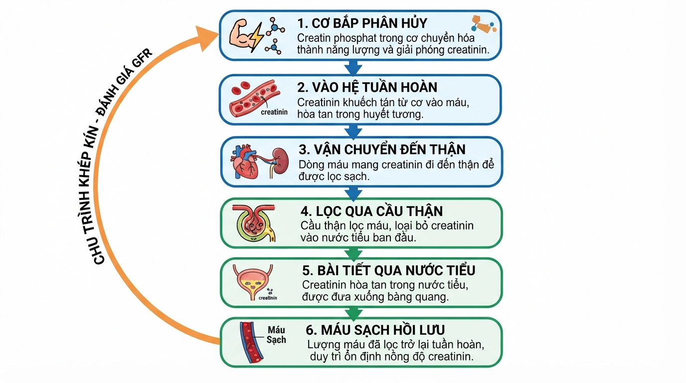 Quy trình chuyển hóa creatin phosphat từ cơ bắp thành creatinin máu và đào thải qua thận.