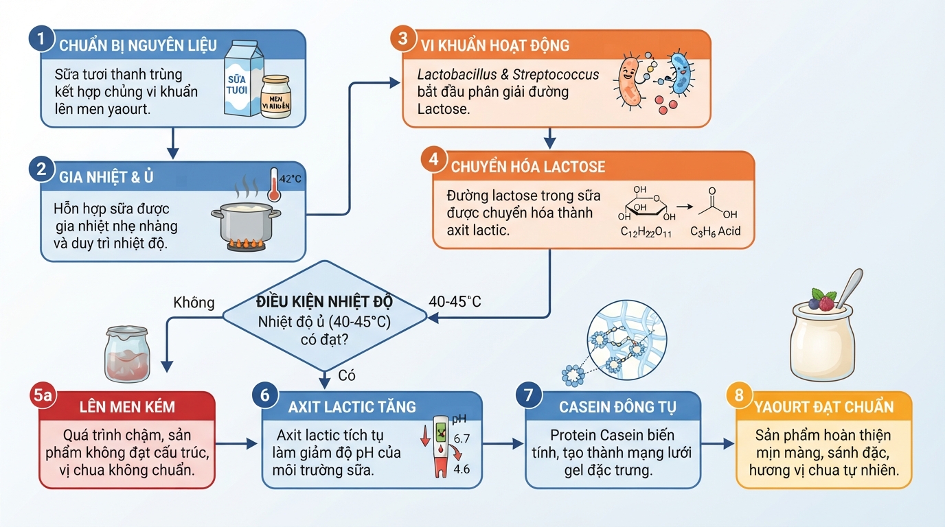 Quy trình chuyển hóa lactose thành axit lactic giúp đông tụ casein tạo nên yaourt đạt chuẩn.