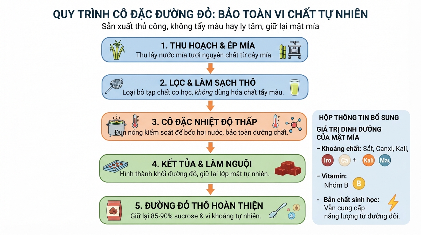 Quy trình cô đặc nước mía thô giúp đường đỏ giữ lại mật tự nhiên và vi khoáng.