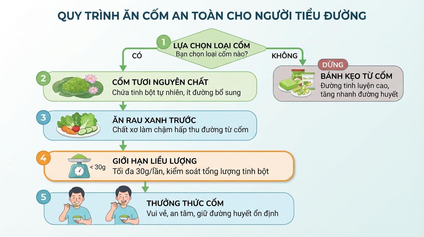 Quy trình giúp người bệnh tiểu đường thưởng thức cốm mà vẫn kiểm soát đường huyết an toàn.