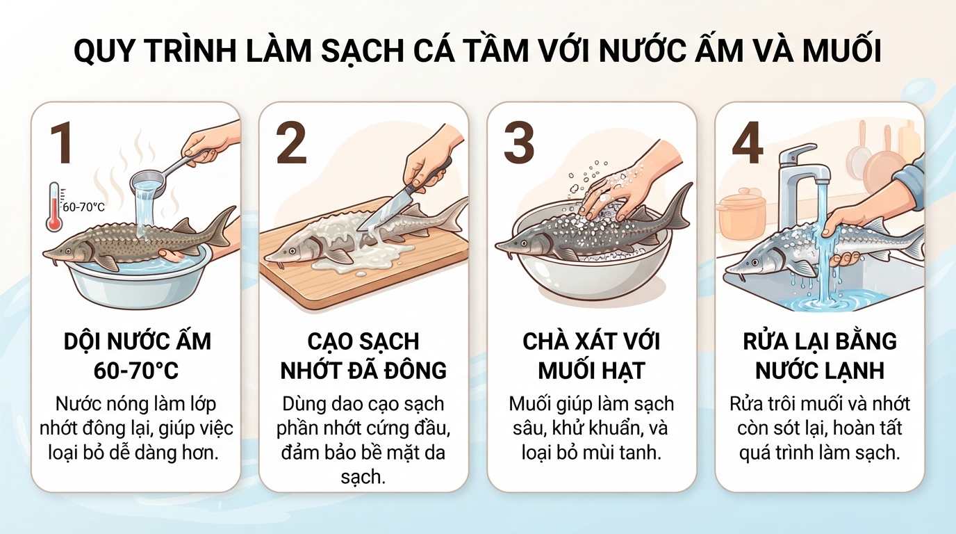 Quy trình loại bỏ nhớt và làm sạch cá tầm bằng nước ấm, muối.