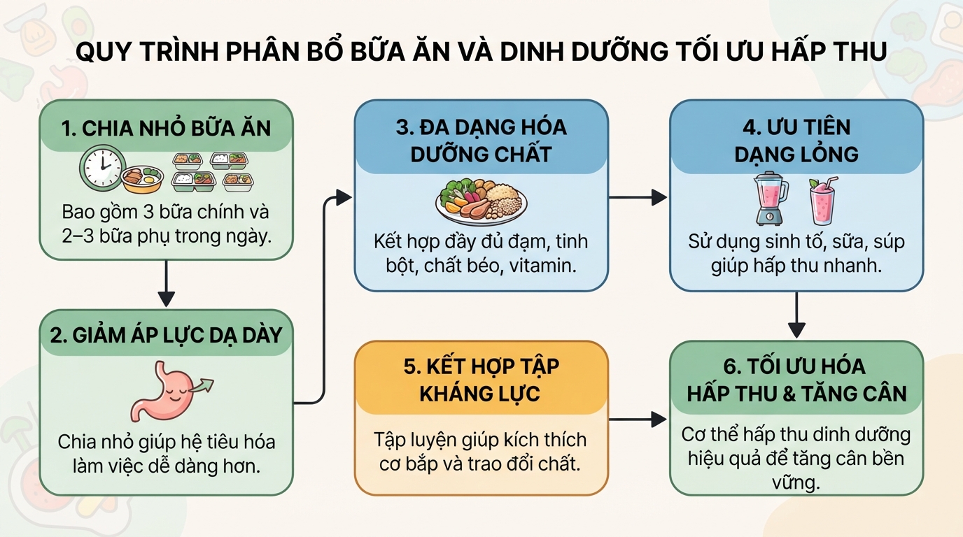 Quy trình phân bổ bữa ăn và dinh dưỡng giúp tối ưu hóa khả năng hấp thu.