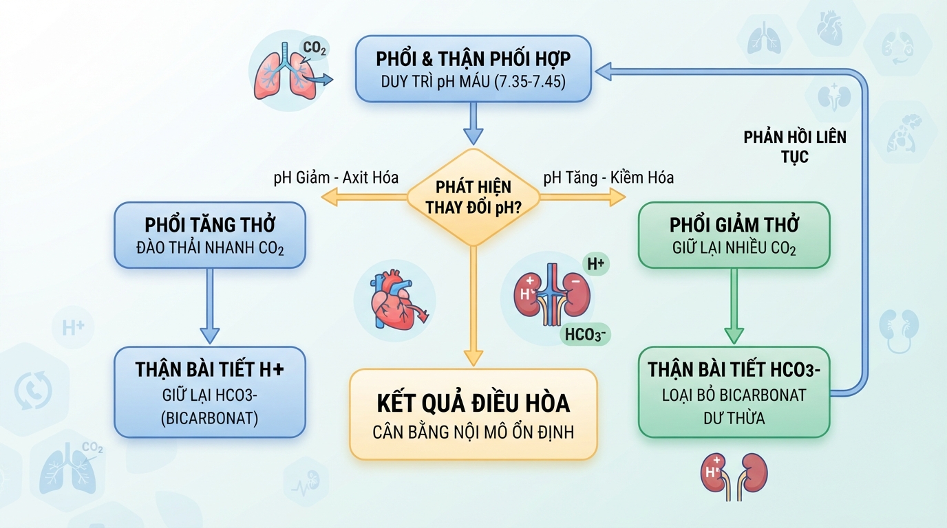 Quy trình phối hợp giữa phổi và thận để duy trì pH máu ở mức kiềm nhẹ.