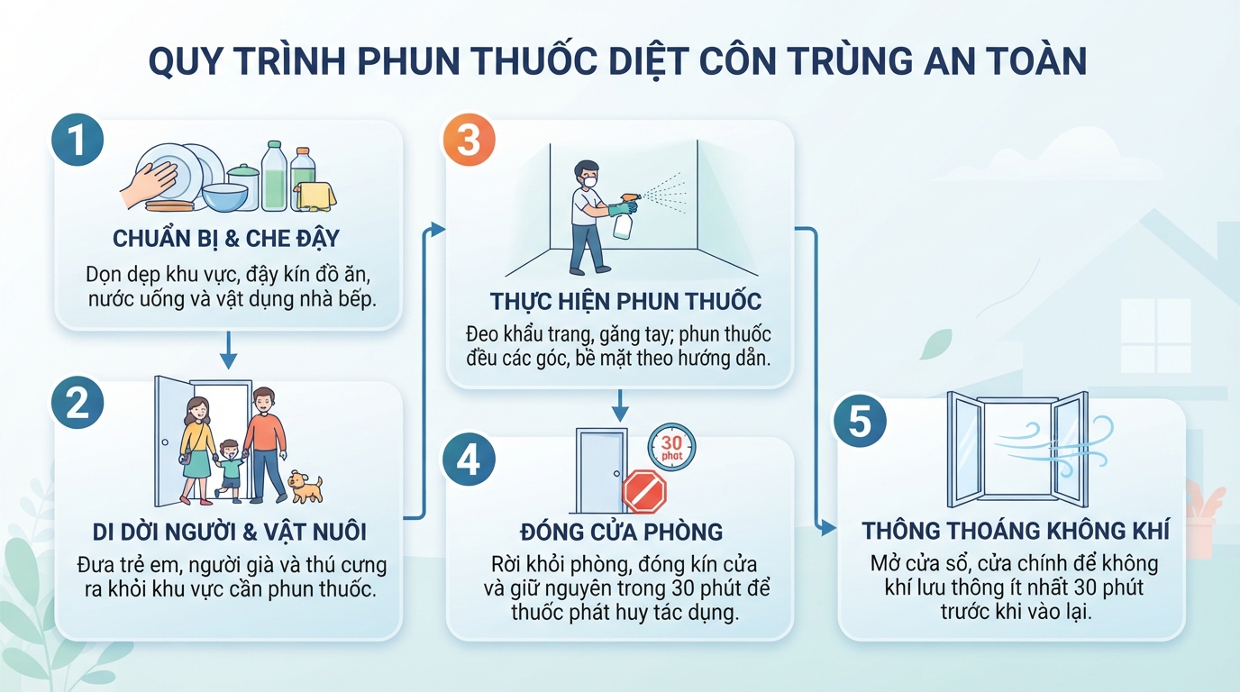 Quy trình phun thuốc diệt côn trùng an toàn để bảo vệ sức khỏe cả gia đình.