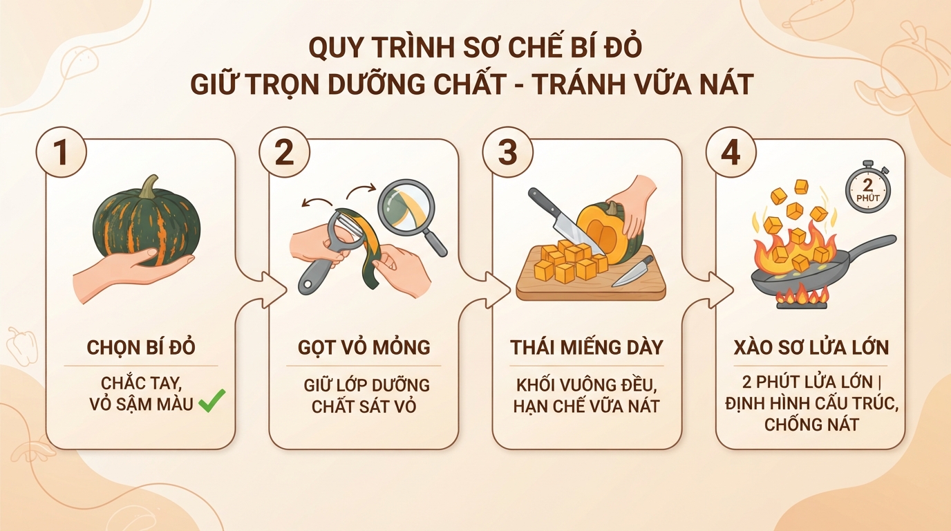 Quy trình sơ chế bí đỏ giúp giữ nguyên dưỡng chất và tránh nát.