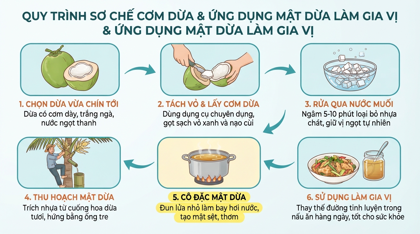 Quy trình sơ chế cơm dừa và ứng dụng mật dừa làm gia vị thay thế đường.