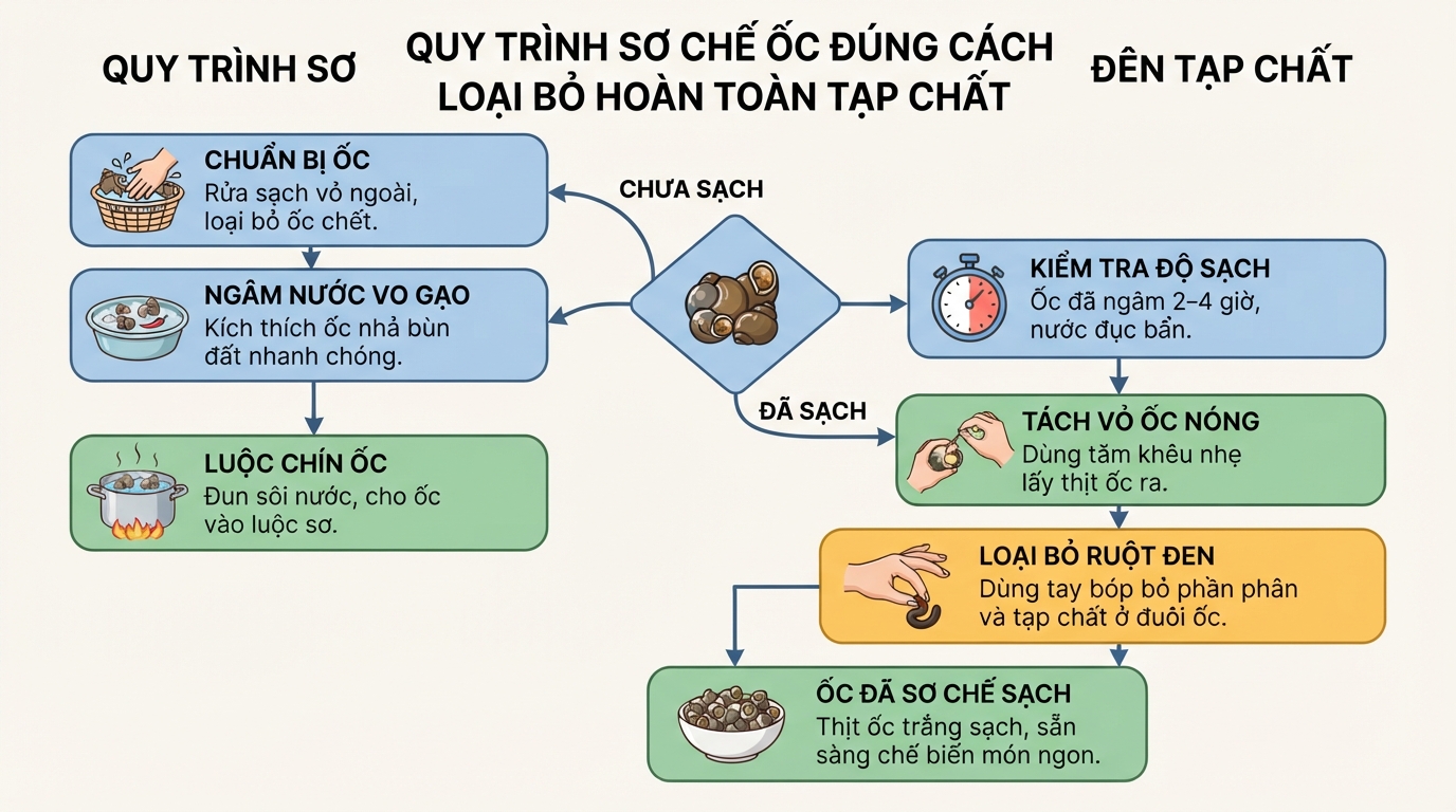 Quy trình sơ chế ốc đúng cách để loại bỏ hoàn toàn cát, bùn và tạp chất bẩn.