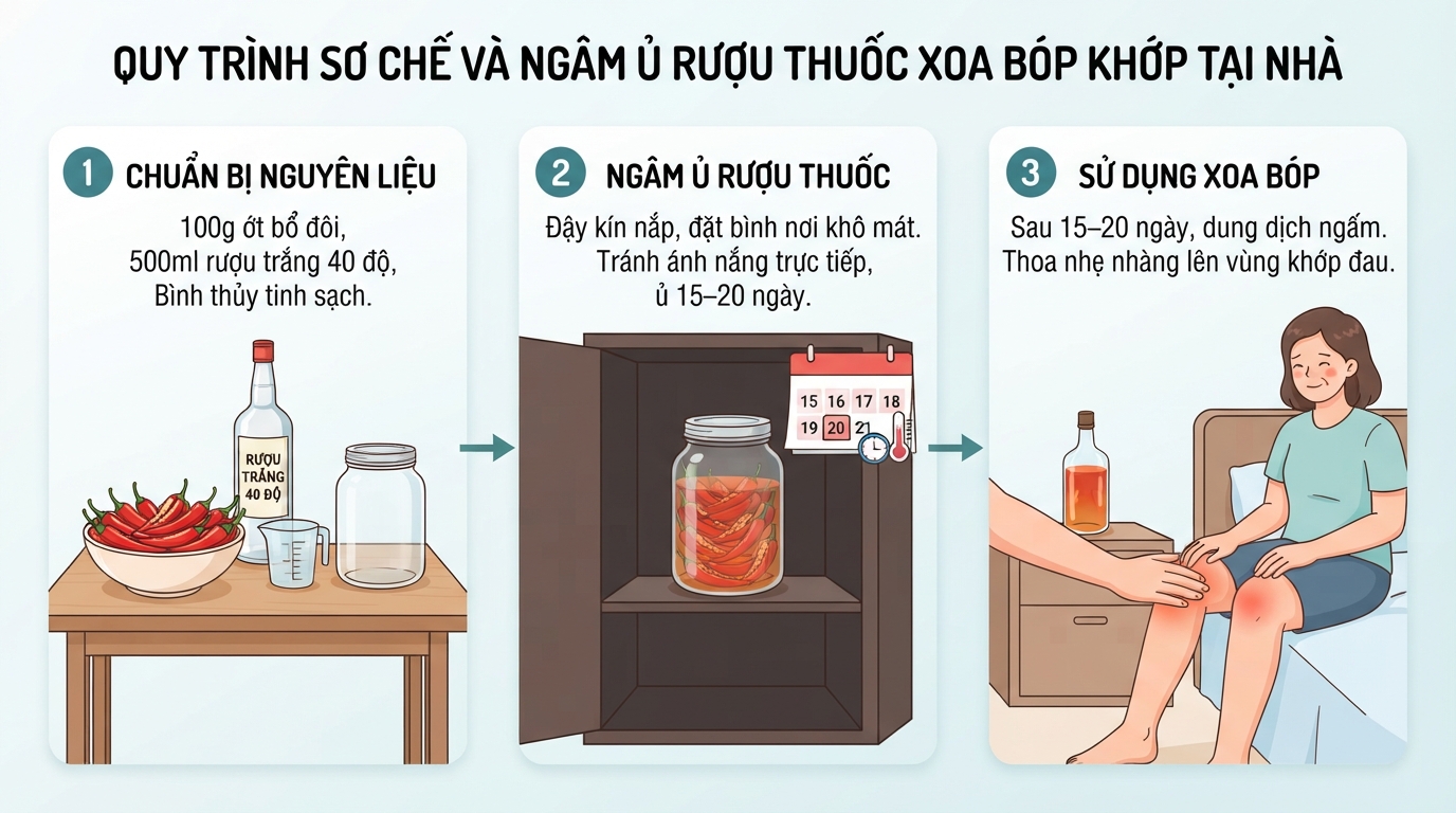 Quy trình sơ chế và ngâm ủ rượu thuốc xoa bóp khớp tại nhà.