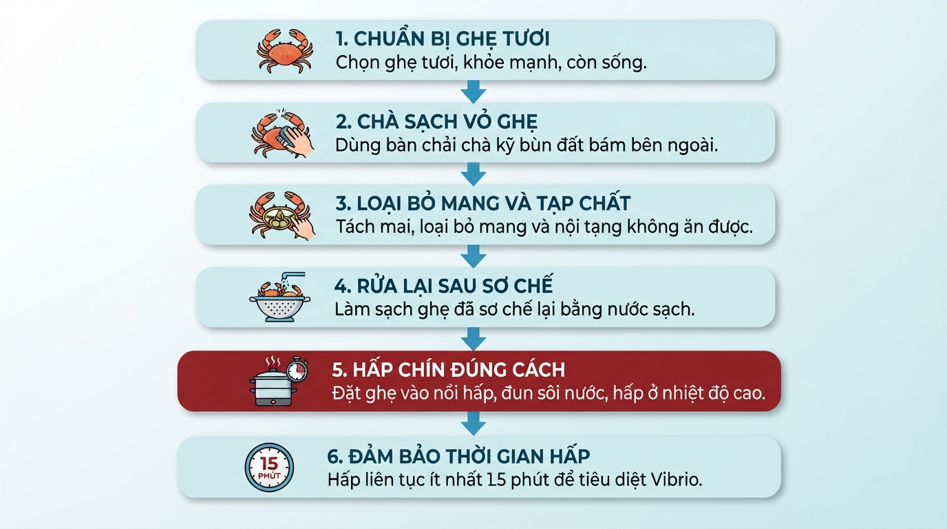 Quy trình sơ chế và thời gian hấp tiêu chuẩn để loại bỏ vi khuẩn Vibrio gây ngộ độc.