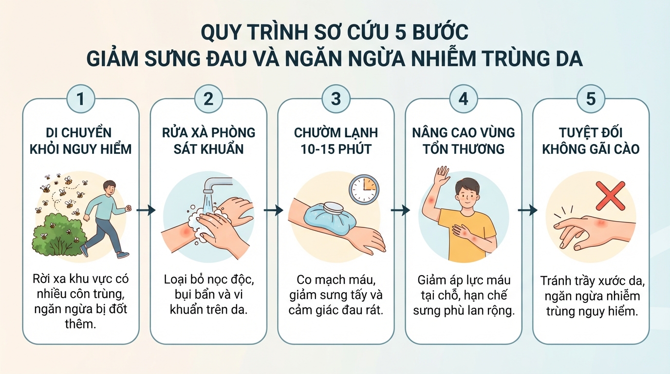 Quy trình sơ cứu 5 bước giúp giảm sưng đau và ngăn ngừa nhiễm trùng da.
