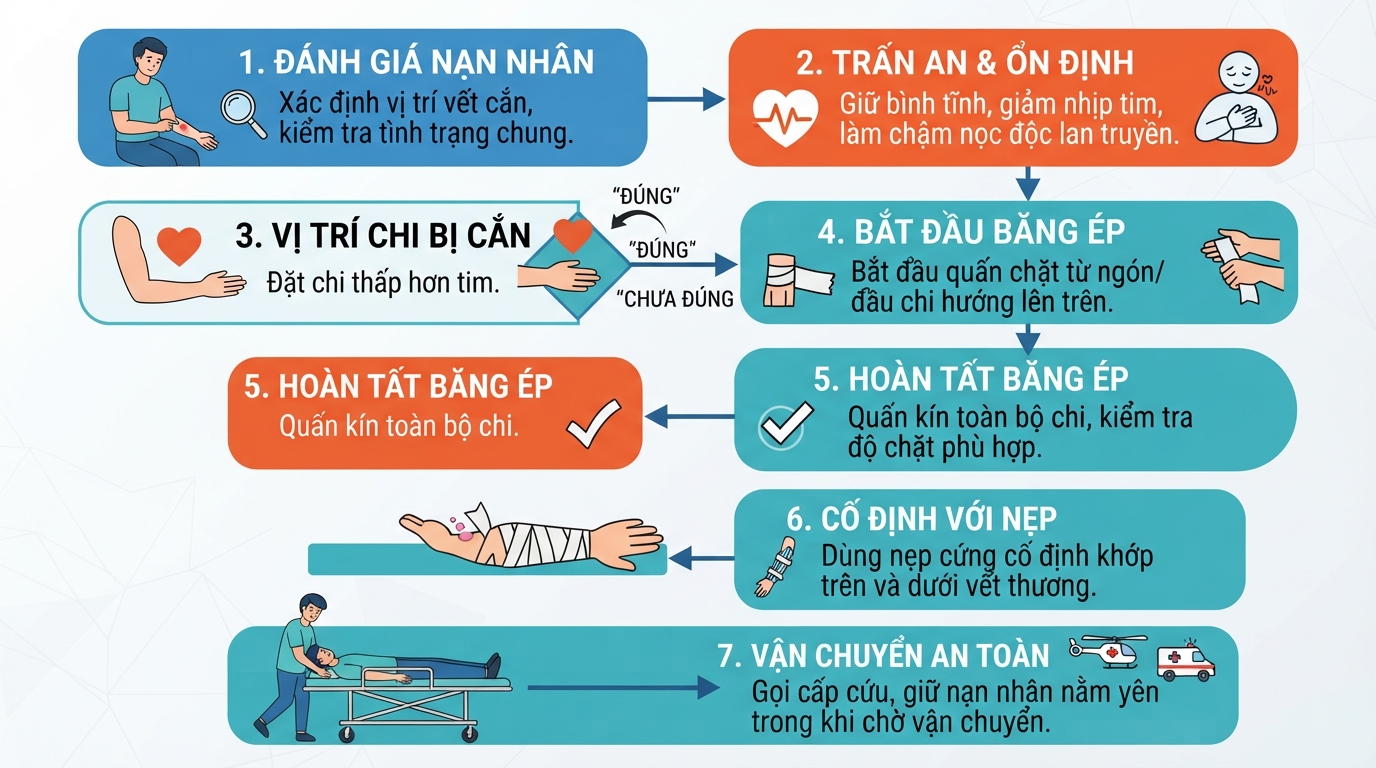 Quy trình sơ cứu bằng kỹ thuật băng ép bất động giúp hạn chế nọc độc lan truyền.