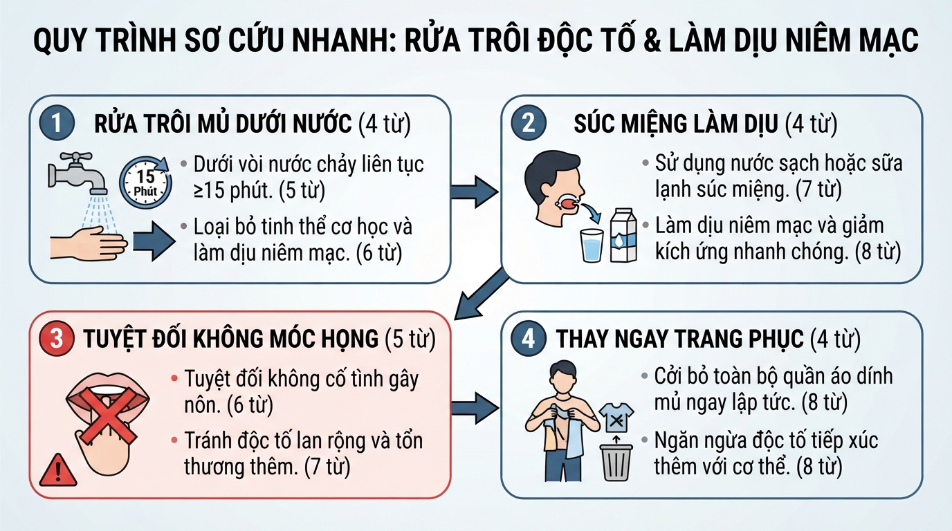 Quy trình sơ cứu nhanh giúp rửa trôi độc tố và làm dịu niêm mạc.
