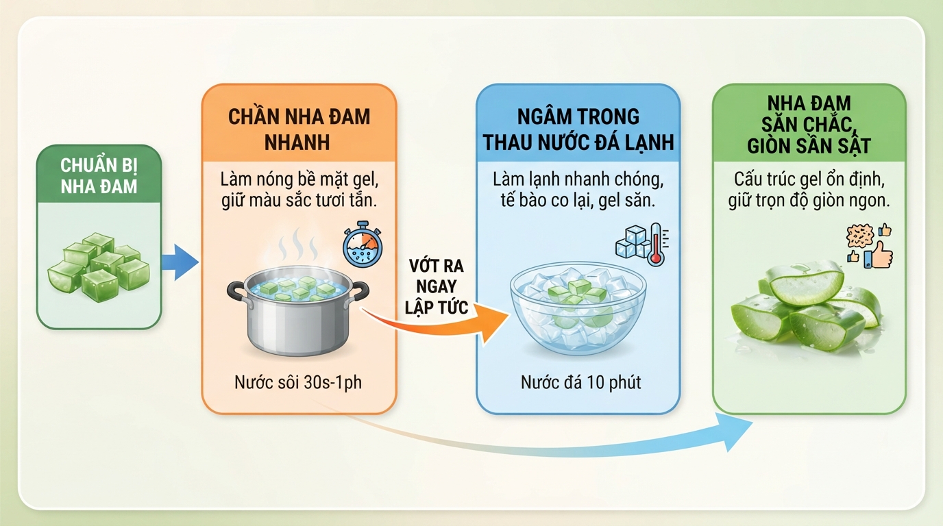 Quy trình sốc nhiệt nóng lạnh giúp gel nha đam săn chắc và giữ trọn độ giòn.