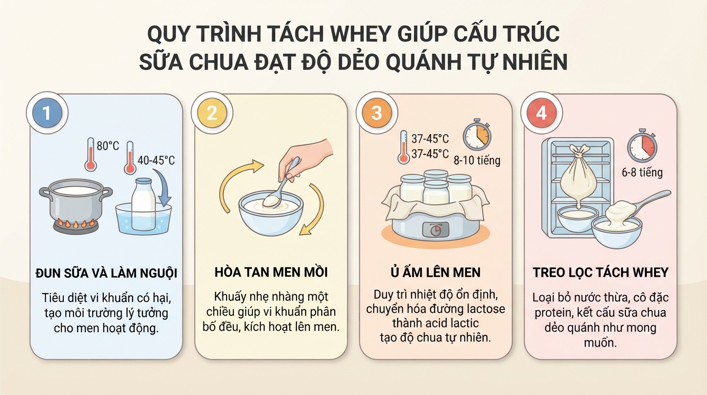 Quy trình tách whey giúp cấu trúc sữa chua đạt độ dẻo quánh tự nhiên.
