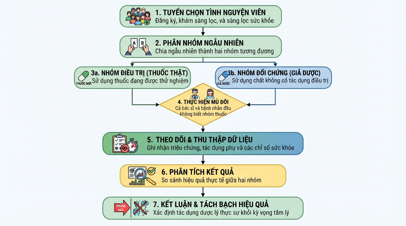 Quy trình thử nghiệm mù đôi giúp loại bỏ yếu tố tâm lý bệnh nhân.