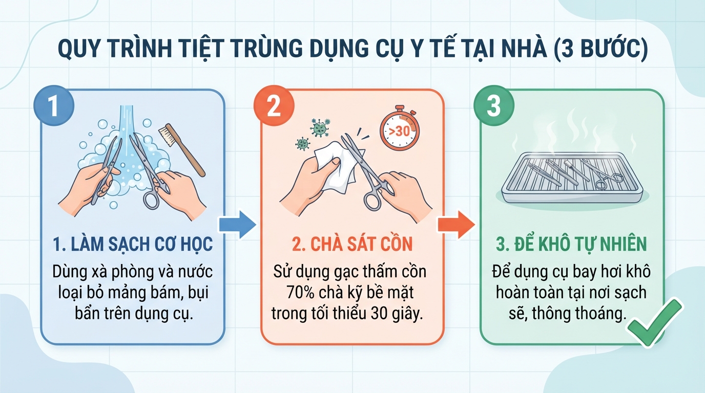 Quy trình tiệt trùng dụng cụ 3 bước đảm bảo an toàn vệ sinh tại nhà.