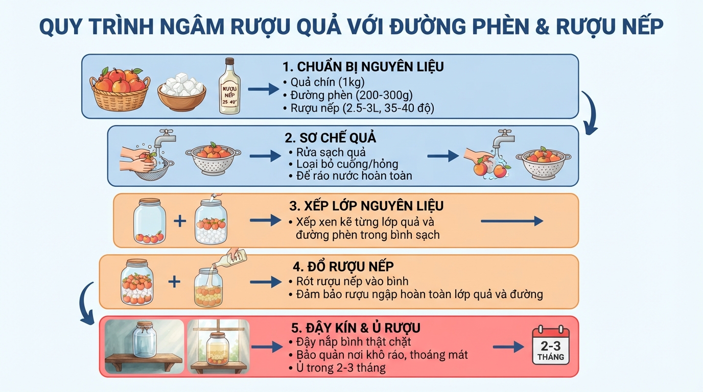 Quy trình từng bước ngâm quả cùng đường phèn và rượu nếp trắng tiệt trùng.