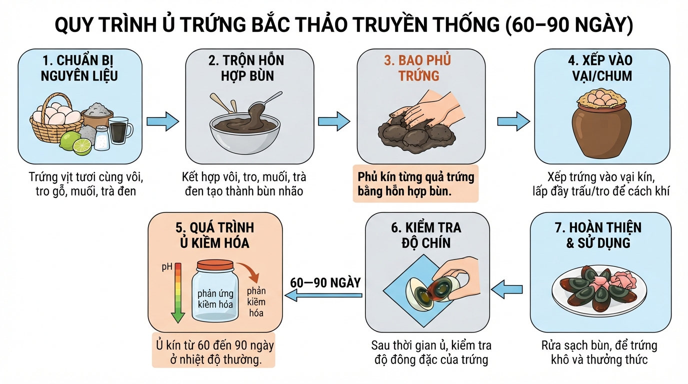 Quy trình ủ trứng bắc thảo truyền thống kéo dài từ 60 đến 90 ngày trong môi trường kiềm.