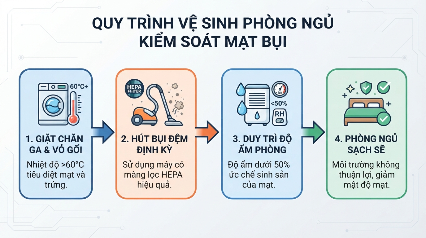 Quy trình vệ sinh phòng ngủ giúp kiểm soát và ức chế sự phát triển của mạt.