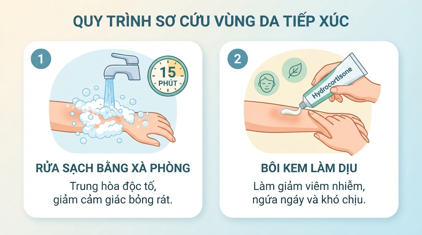 Rửa sạch vùng da tiếp xúc bằng xà phòng giúp trung hòa độc tố và giảm bỏng rát.